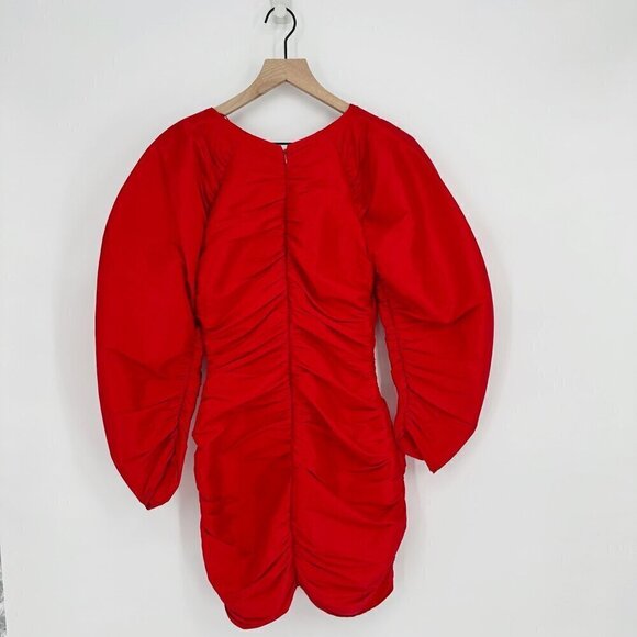 ZARA Draped Ruched V-Neck Mini Dress Gathered Puff Sleeve in Red Women's XS - Picture 3 of 11